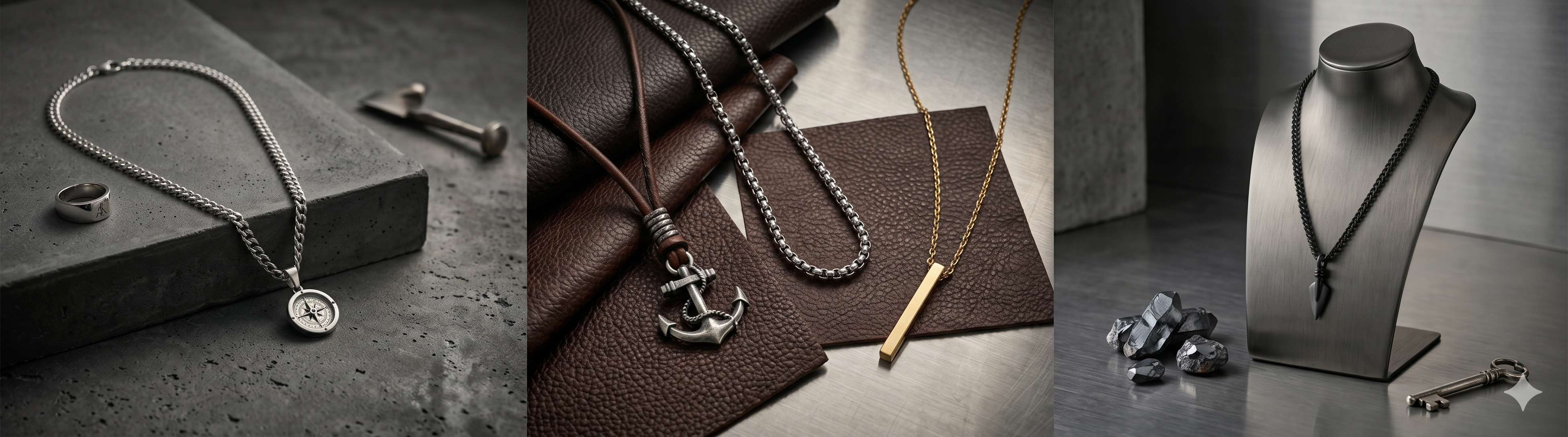 Fashion and statement necklaces for men including chains, pendants, and beads