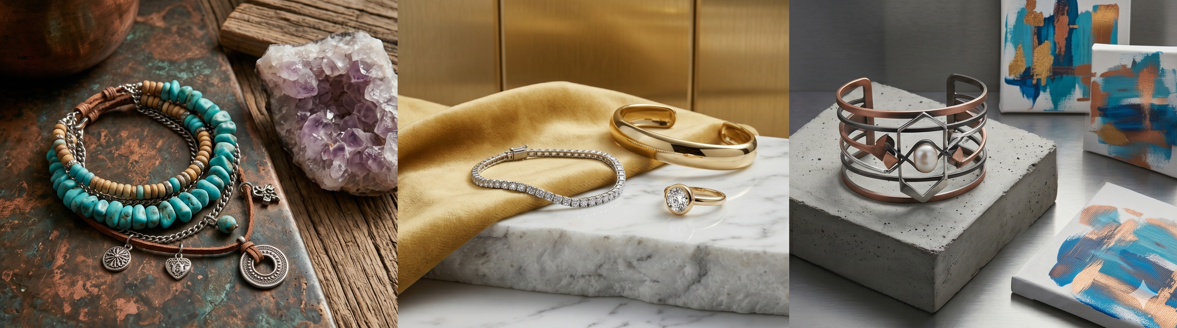 Fashion and statement bracelets for women in gold, silver, and gemstone designs