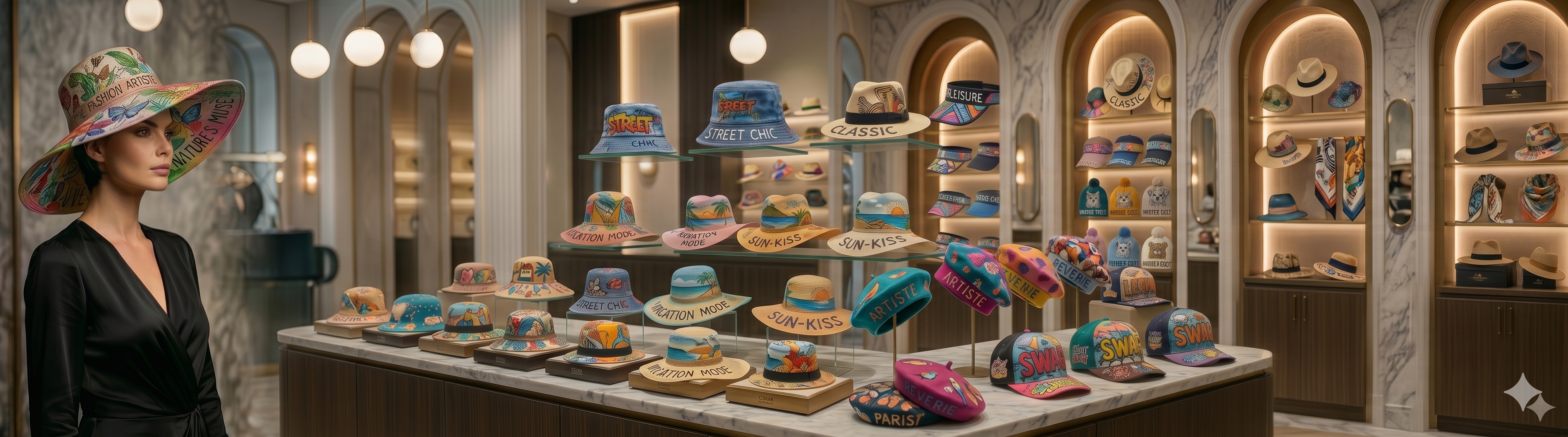 Women's hats and caps including beanies, baseball caps, bucket hats, and sun hats for every season