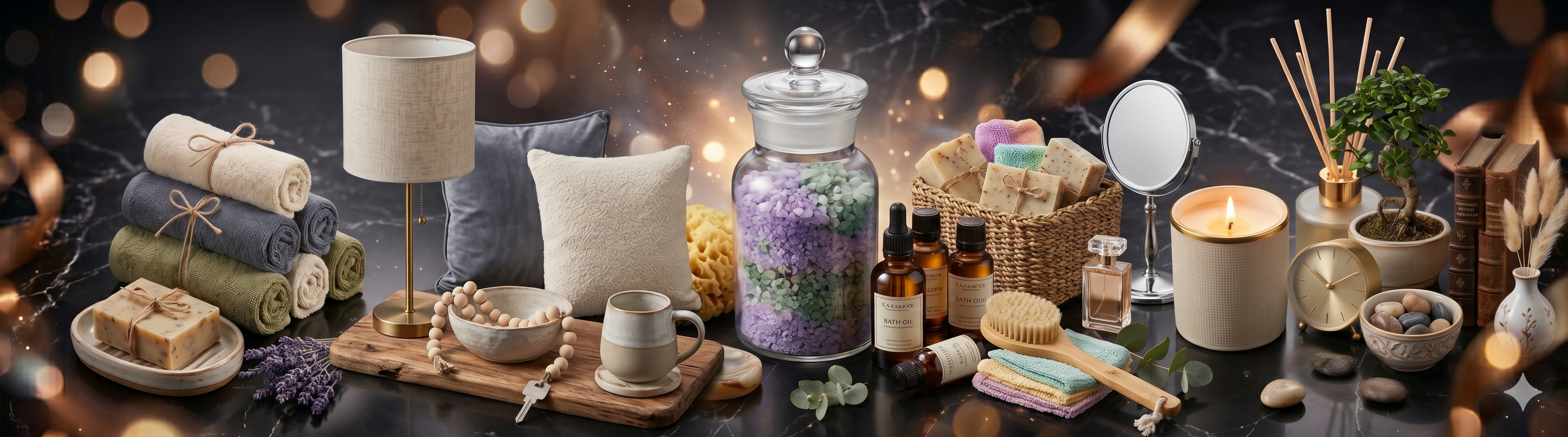 Home and bath essentials — sofa covers, bedding, curtains, rugs, lighting and bathroom accessories