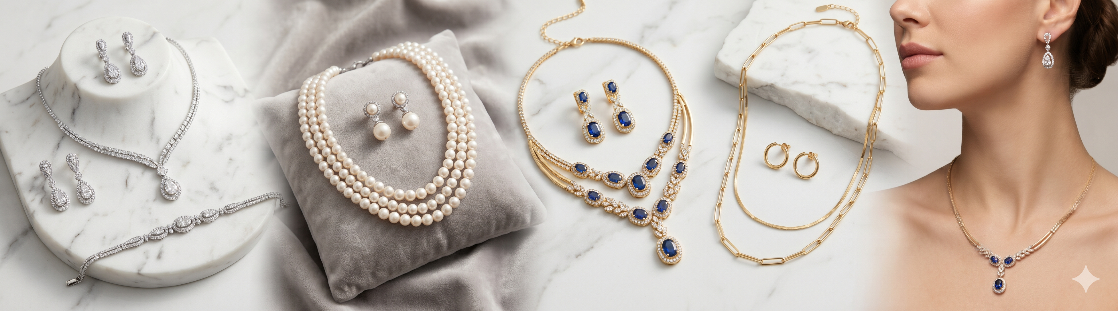 Fashionable women's jewelry sets including necklaces, bracelets, and earrings