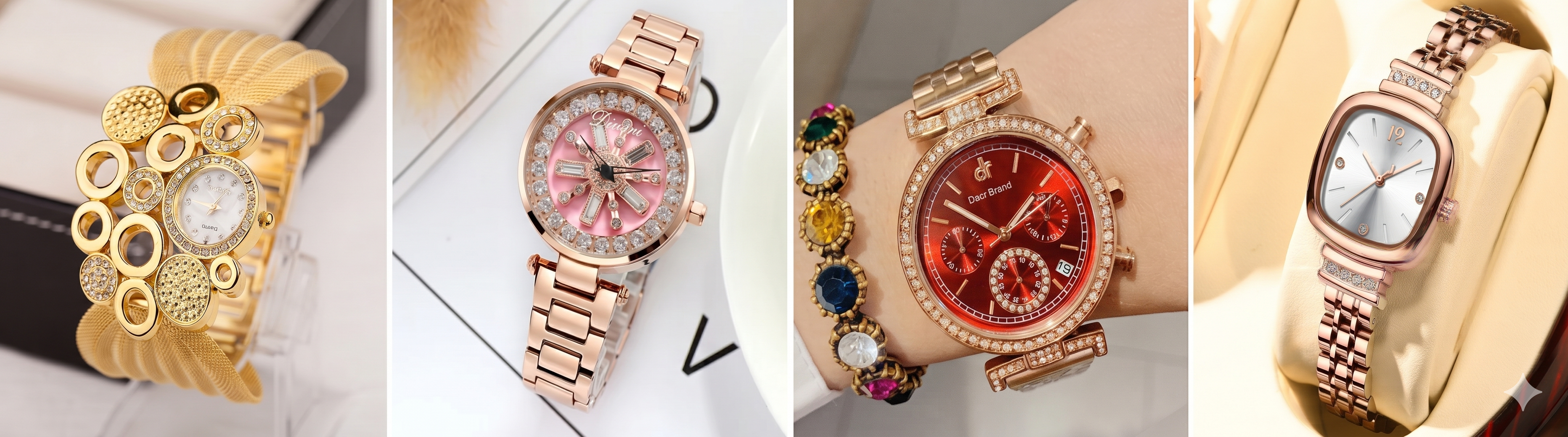 Fashionable and luxury women's watches including gold, silver, and leather designs