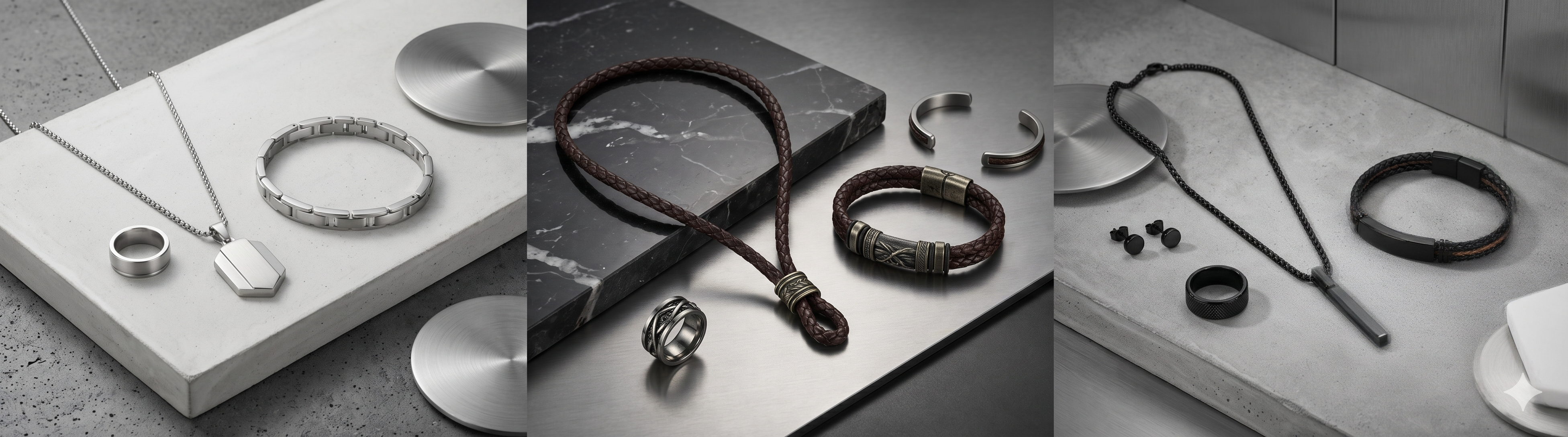Fashion and statement jewelry sets for men including necklaces, bracelets, and rings