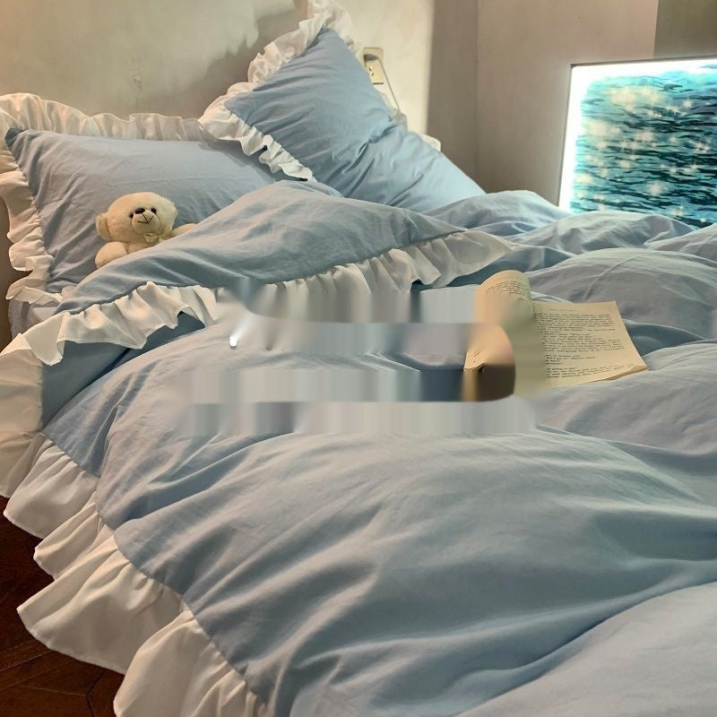 Quilt Cover Washed Cotton Four-piece Set Mori Style Bedding Solid Color Bed Sheet