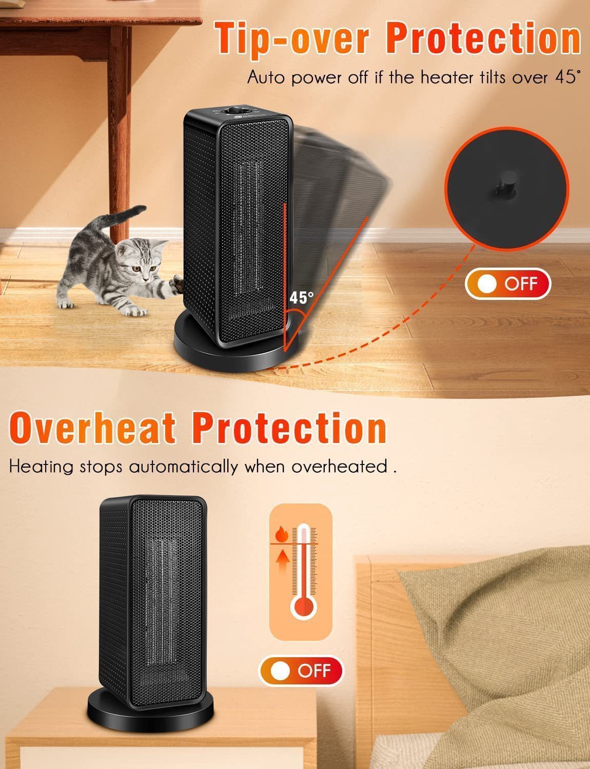 Chauffage d'appoint vertical oscillant avec bouton de commande