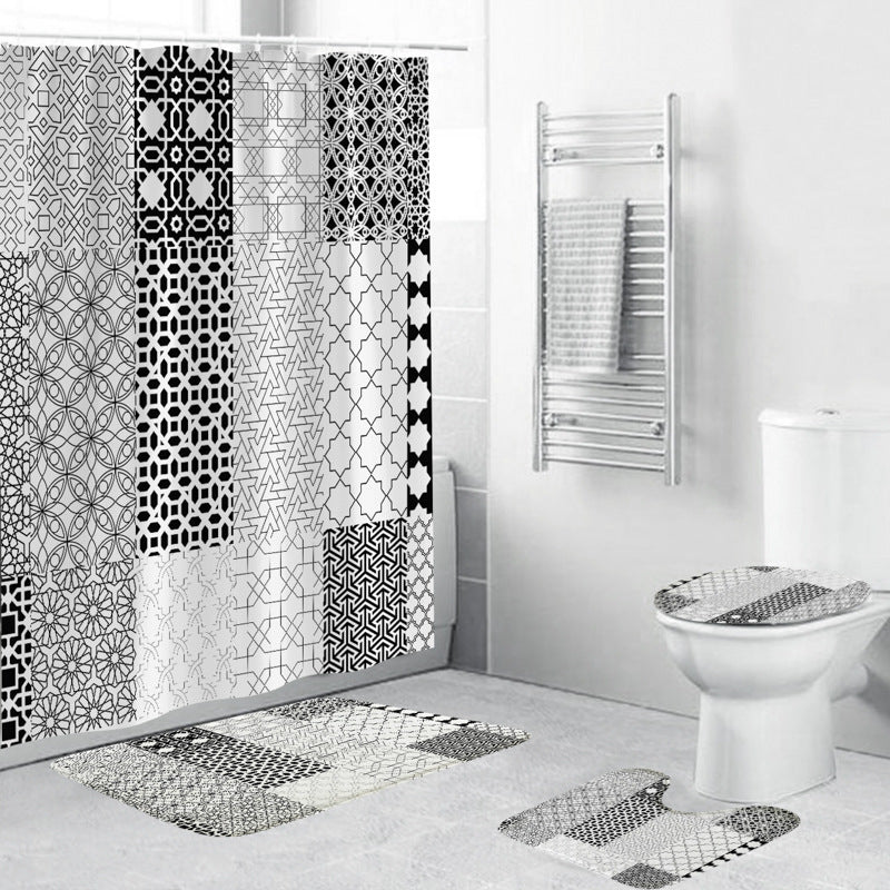Black And White Pattern Waterproof Green Shower Curtain