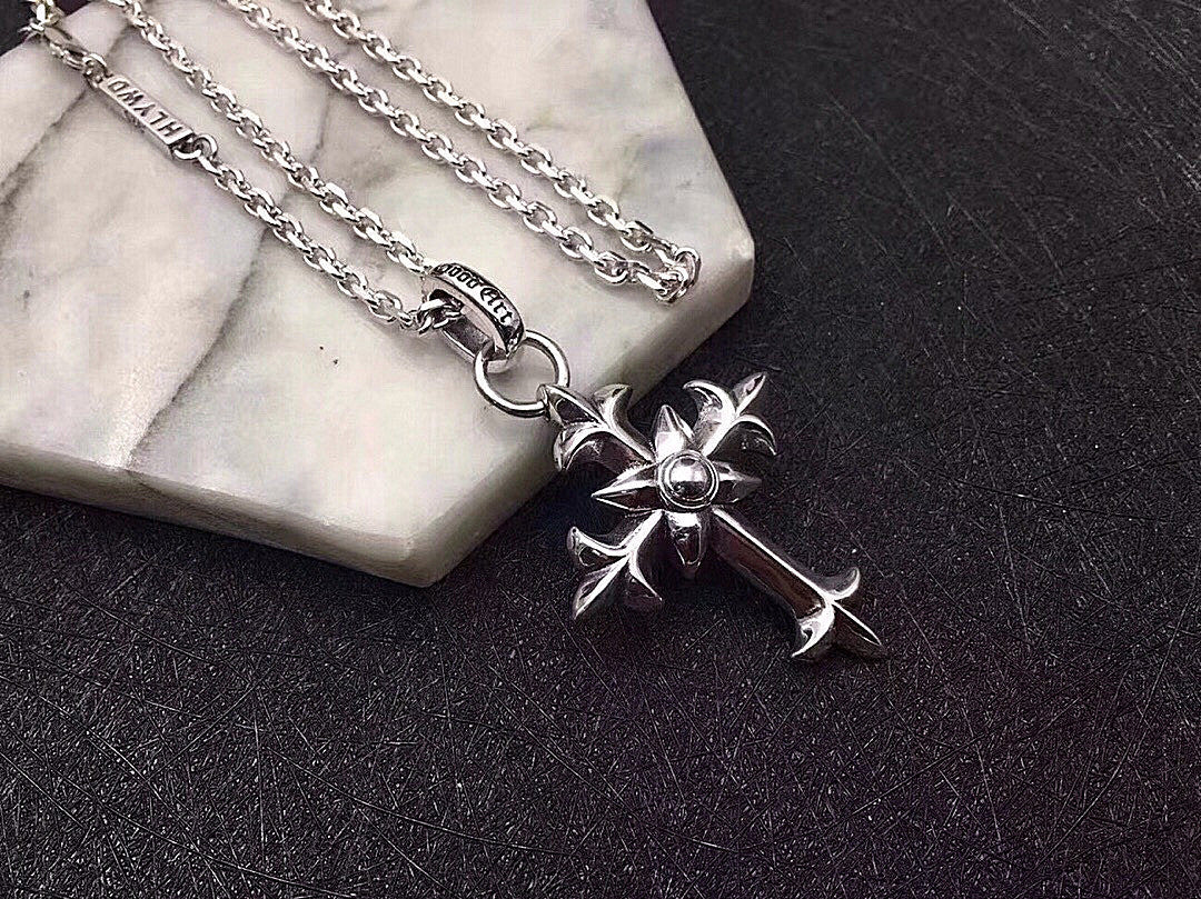 Chaîne de chandail argentée, style européen et américain, hip-hop de rue, pendentif croix personnalisé pour hommes, ensemble de chaînes rétro en argent thaïlandais