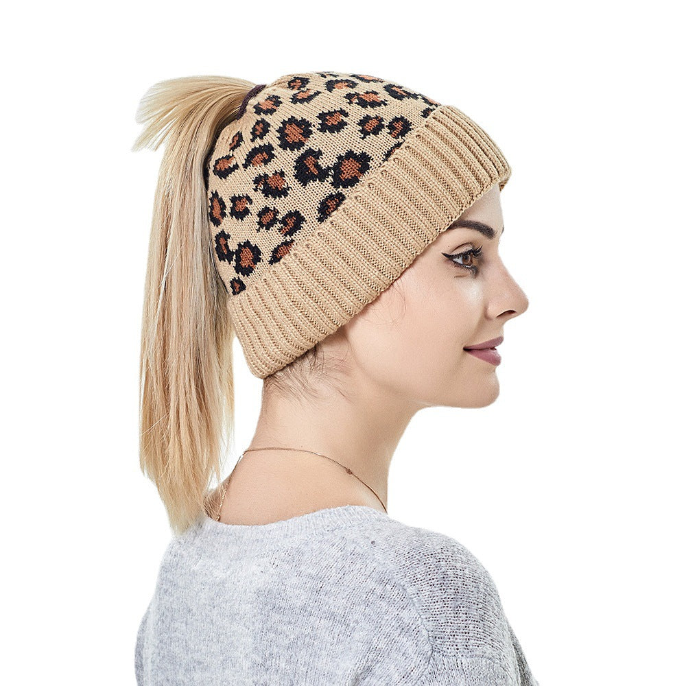Warm And Fashionable Outdoor Leopard Print Knitted Ponytail Hat