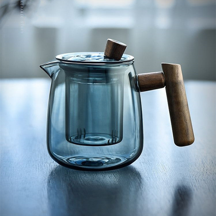 Théière en verre avec séparateur d'eau et poignée en bois de style chinois