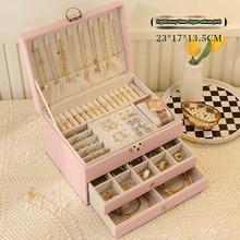 Boîte à bijoux grande capacité en cuir, tiroir à trois niveaux, boîte de rangement pour accessoires, boîte de rangement pour bijoux en or, colliers, boucles d'oreilles et bracelets