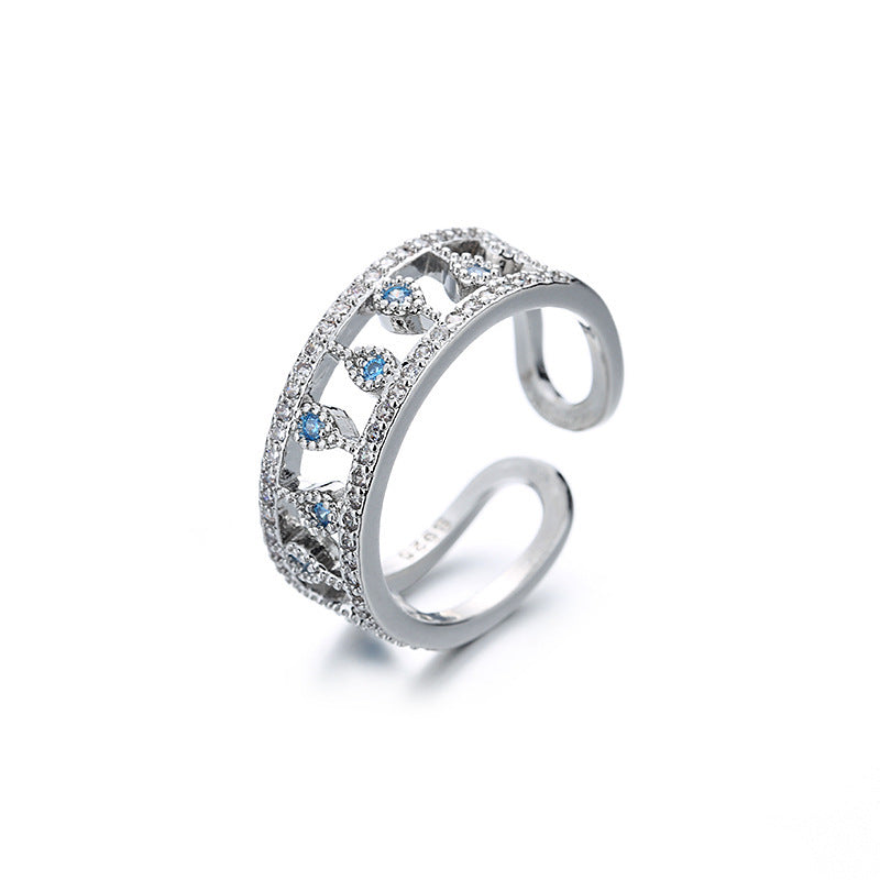 Sterling Silver Exquisite Micro-inlaid Zircon Blue Drop Double Ring