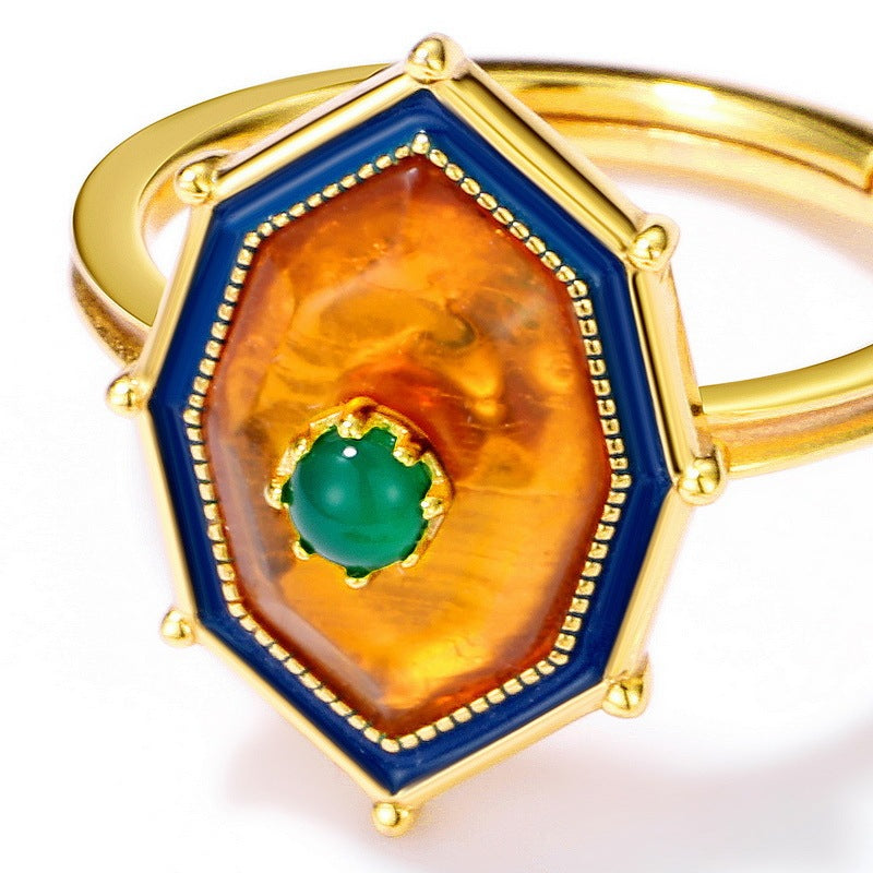 Natural Amber Ring Ethnic Style Sterling Silver