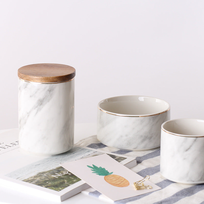 Marble Pattern Sealed Ceramic Storage Jar With Lid