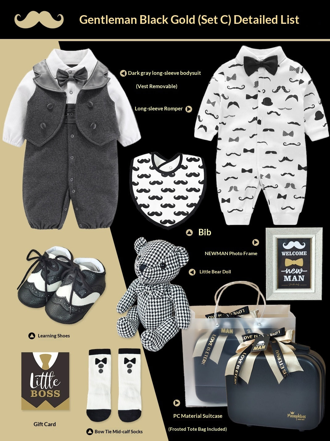 Coffret cadeau haut de gamme pour bébé – Ensemble petit gentleman noir et or