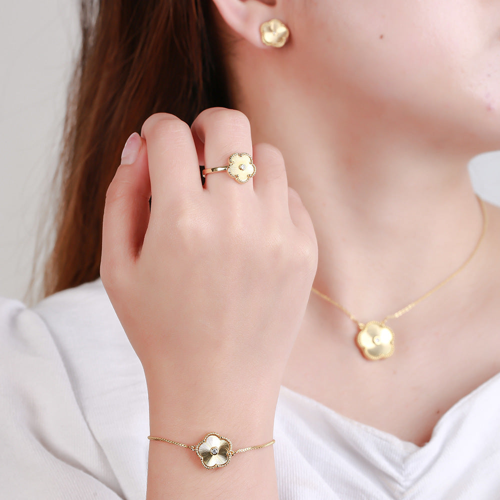 Gold Flower Bracelet Ring Earrings Bracelet Women's Jewelry Set