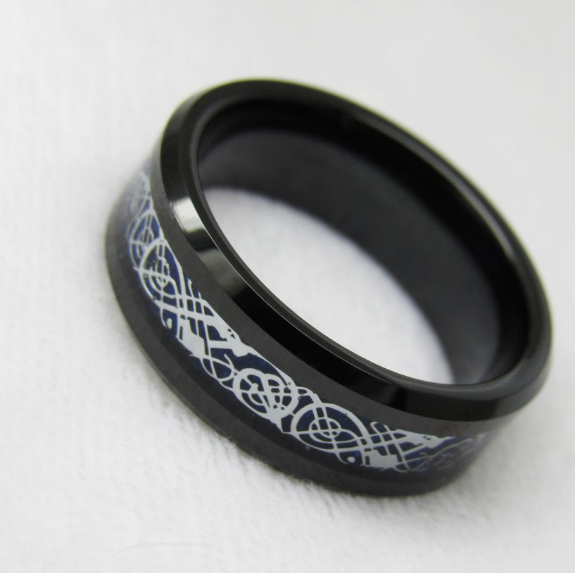Tungsten Gold Ring Eight Wide Batch Edge Electric Black Inlaid Blue Background Silver Dragon Piece Ornament