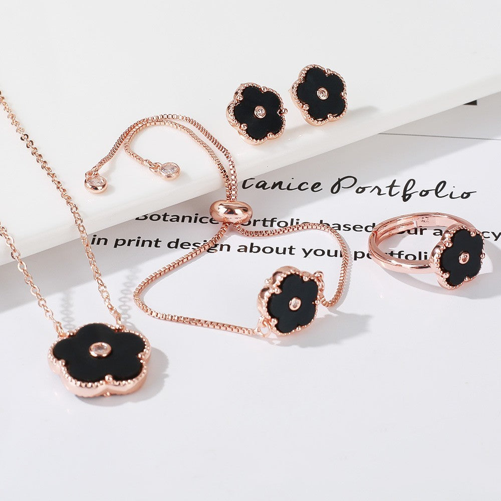 Gold Flower Bracelet Ring Earrings Bracelet Women's Suit