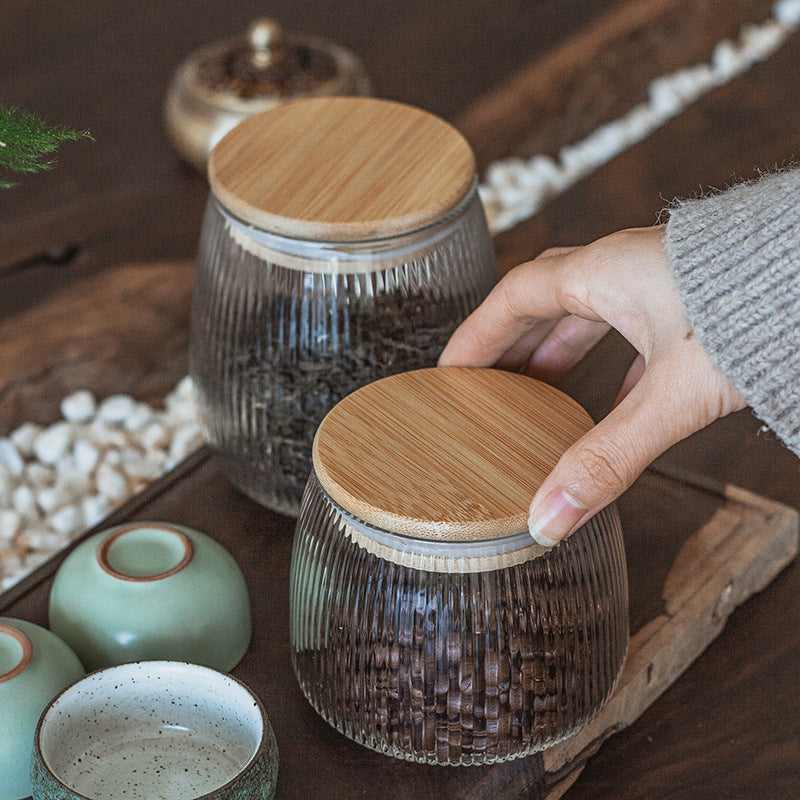 Vertical Granular Bamboo Lid Sealed Storage Glass Jar