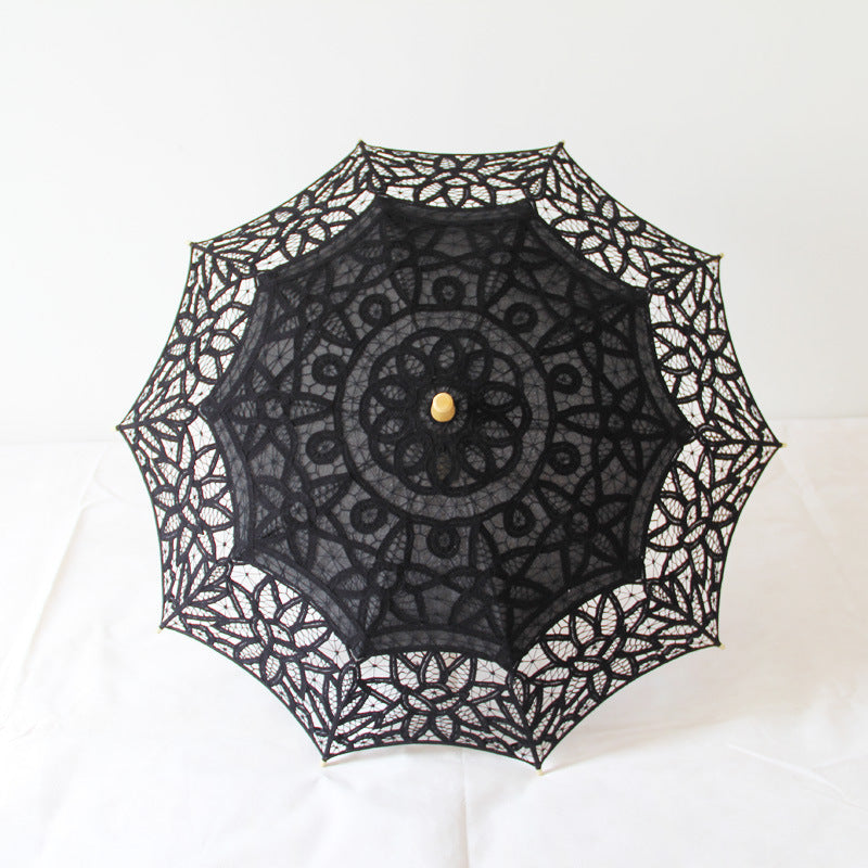 Parapluie de soleil brodé au crochet Princesse Classique Poignée en bois Tige droite Levage