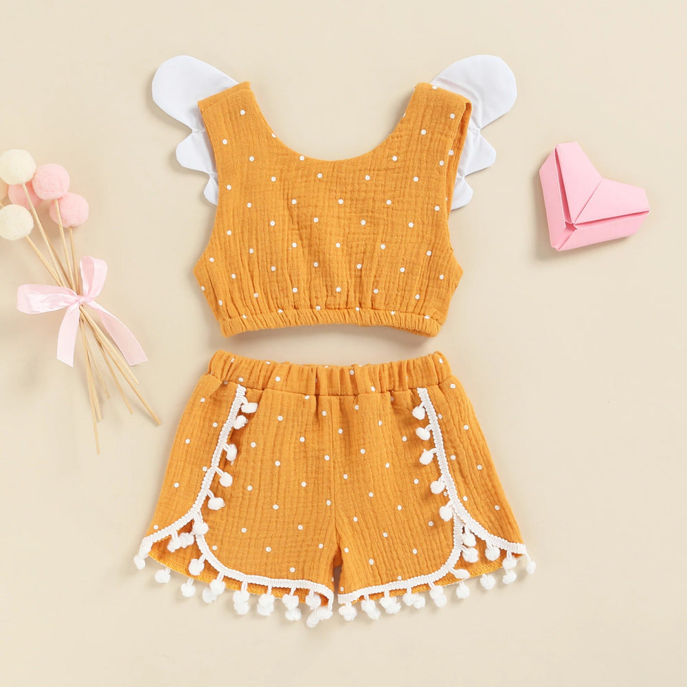 Girls Baby Cotton Linen Polka Dot Vest Shorts Suit European And American Style Children's Clothing