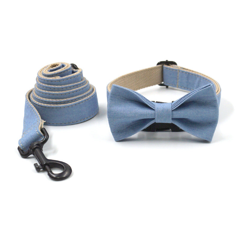 Buckle Lettering Deep Denim Pet Collar Dog Leash Dog Bow Set