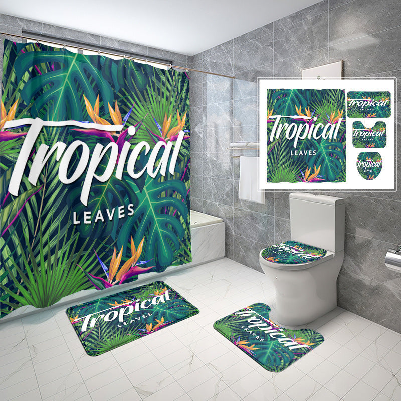Natural Wind Leaves Printing Toilet Waterproof Shower Curtain Non-slip Floor Mat
