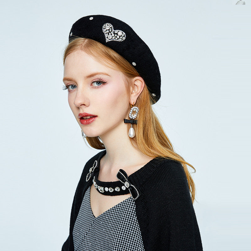 New Japanese Age-reducing Painter Love Rhinestone Beret