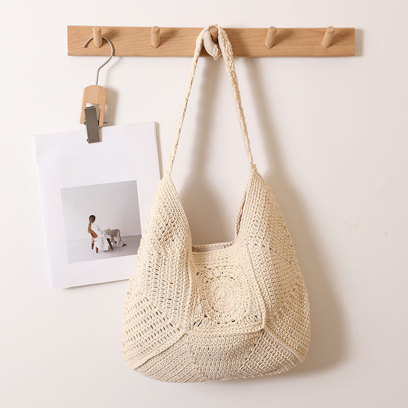 Large Capacity Cotton Braided Grandma Plaid Straw Woven Vacation Beach Versatile Women's Bag