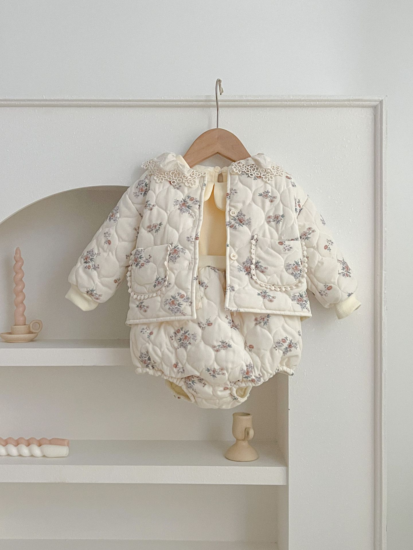 Winter Korean Style Baby Girl Floral Suit Lace Pocket Strap Romper Outwear Warm Two-piece Suit