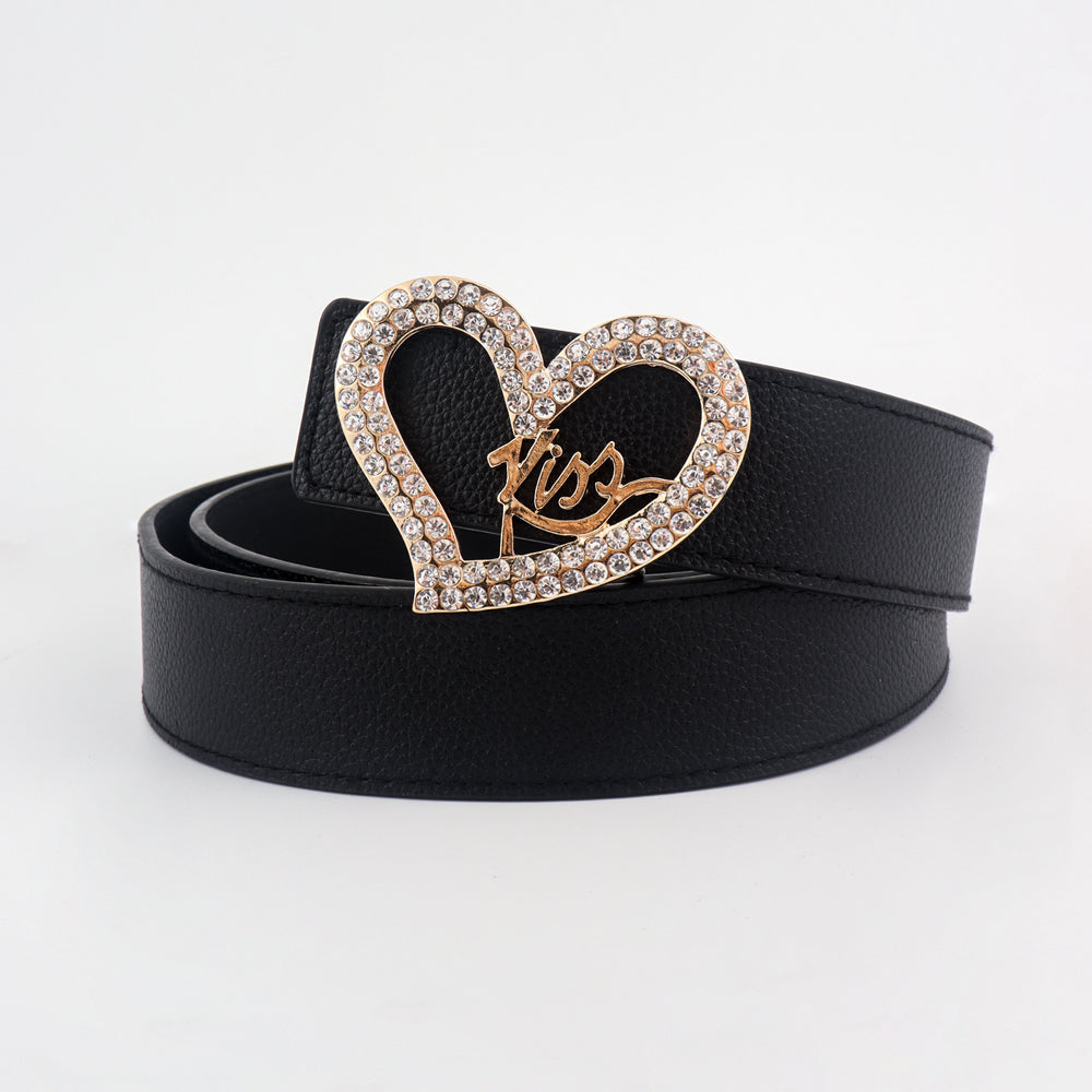 Ceinture Femme Noire Amour Incrusté Strass Boucle Dorée Ceinture Tendance Cent Jeans Jupe Manteau Assortis