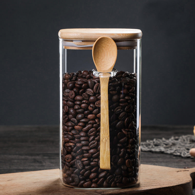 Square Glass Sealed Storage Jar With Wooden Spoon Seasoning
