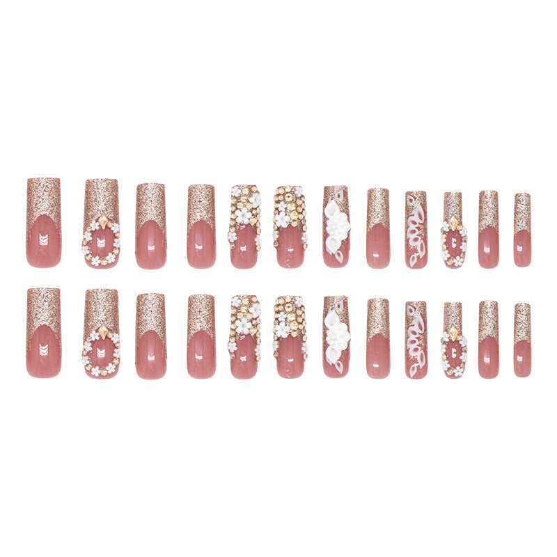 Français Ongles Dorés Faux Ongles Strass Détachables