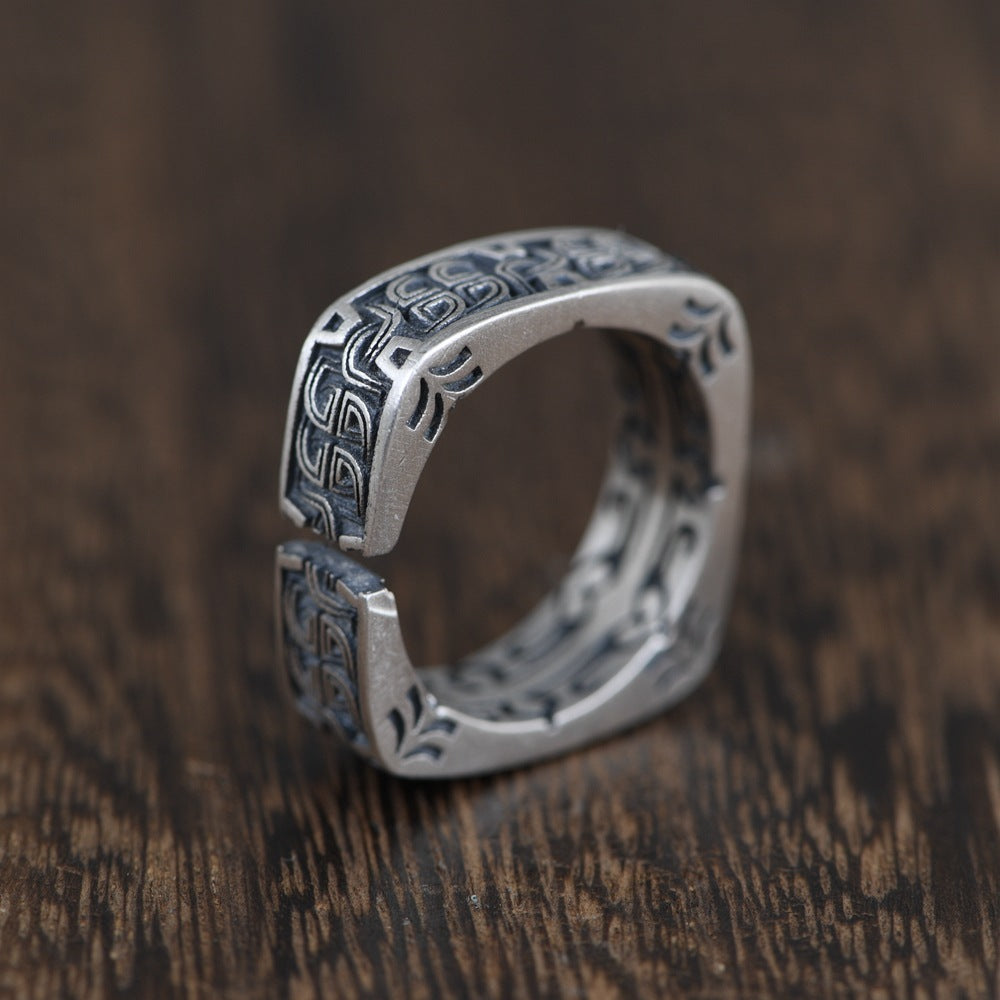 Vintage Thai Silver Craft Women's Pattern Totem Square Ring