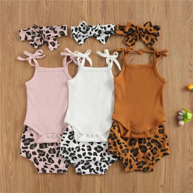 Flower Print Sling Romper Shorts Headscarf Three-piece Set