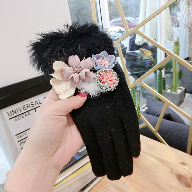 Women's Fur Ball Ladies' Wool Thickened Finger-pointing Gloves