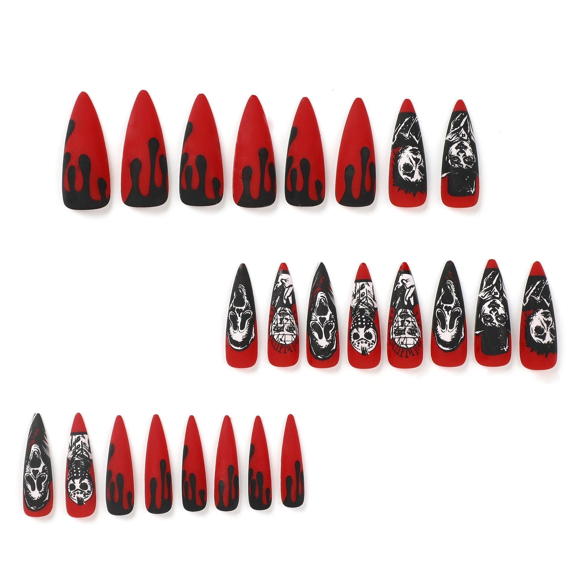 Manucure d'Halloween Européenne et Américaine Rouge avec Pointe d'Ongle Portrait Grimace Crâne Noir Contrastant