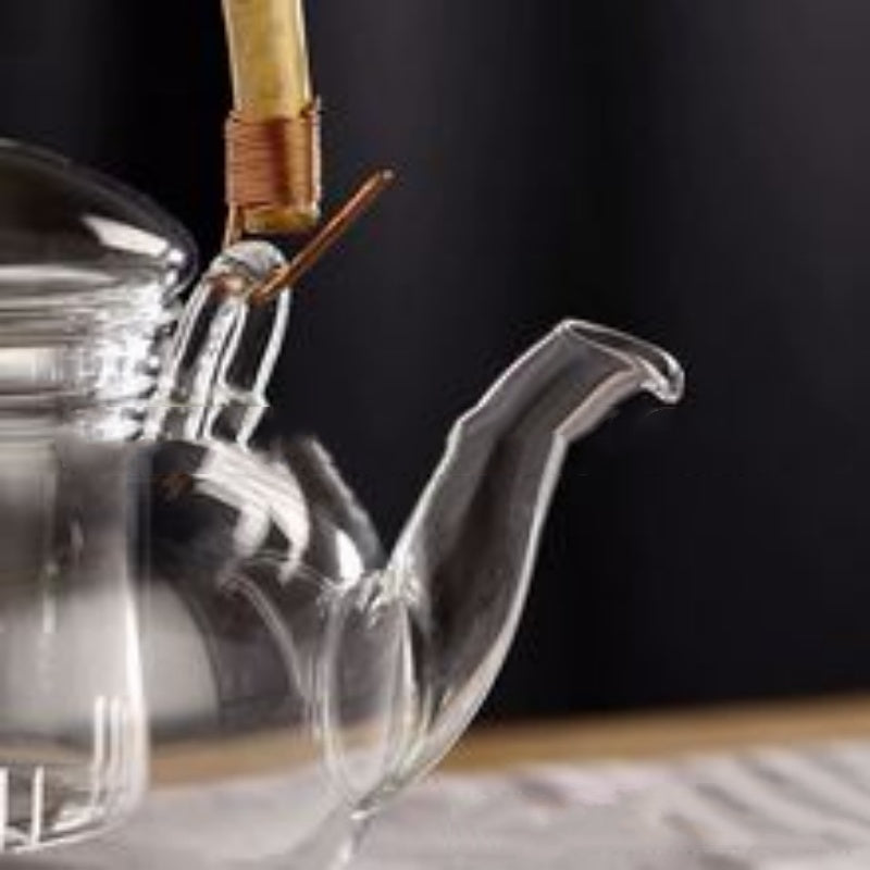 Pot à thé en verre avec poignée en bambou et infuseur, compatible flamme directe