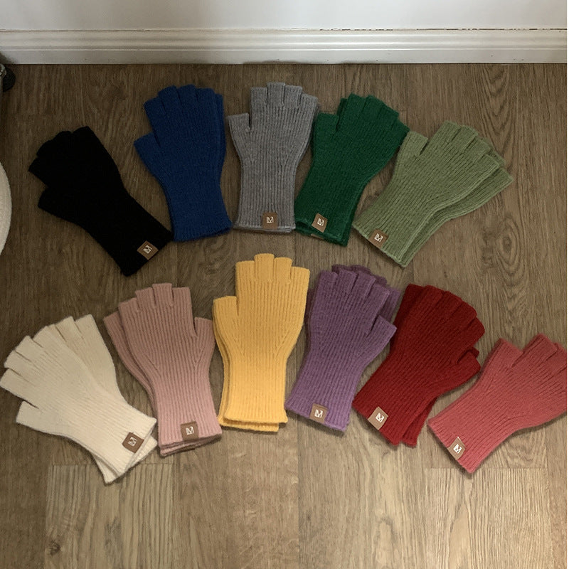 Knitted Wool Half Finger Gloves Solid Color
