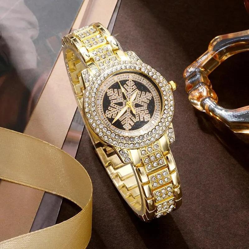 Montre Motif Flocon de Neige Luxe Entièrement Strass Bijoux Ensemble Cinq Pièces