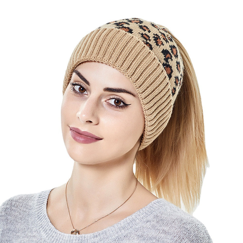 Warm And Fashionable Outdoor Leopard Print Knitted Ponytail Hat