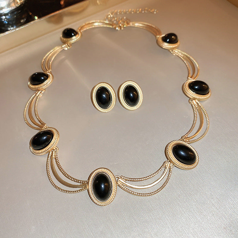 Vintage Gemstone Necklace And Earrings Set Alloy Gem Necklace Sterling Silver Post Stud Earrings Women Is Retro Jewelry