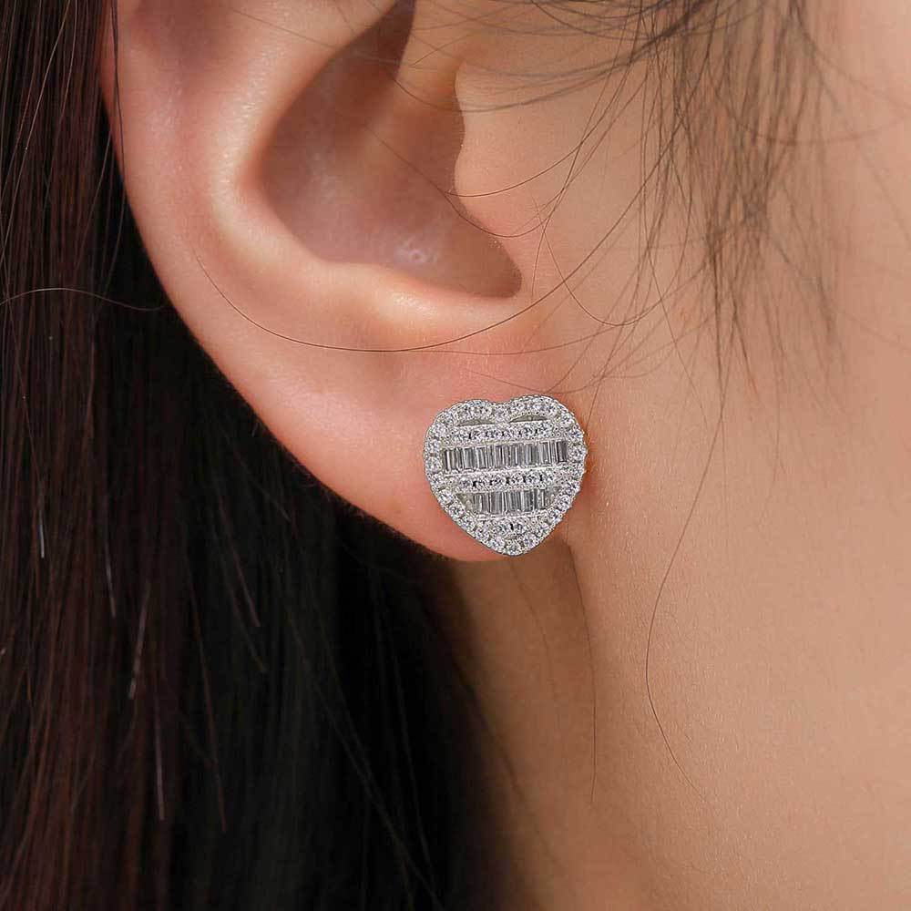 Hip Hop Square And Round Mix Inlaid Zircon Love Heart Stud Earrings