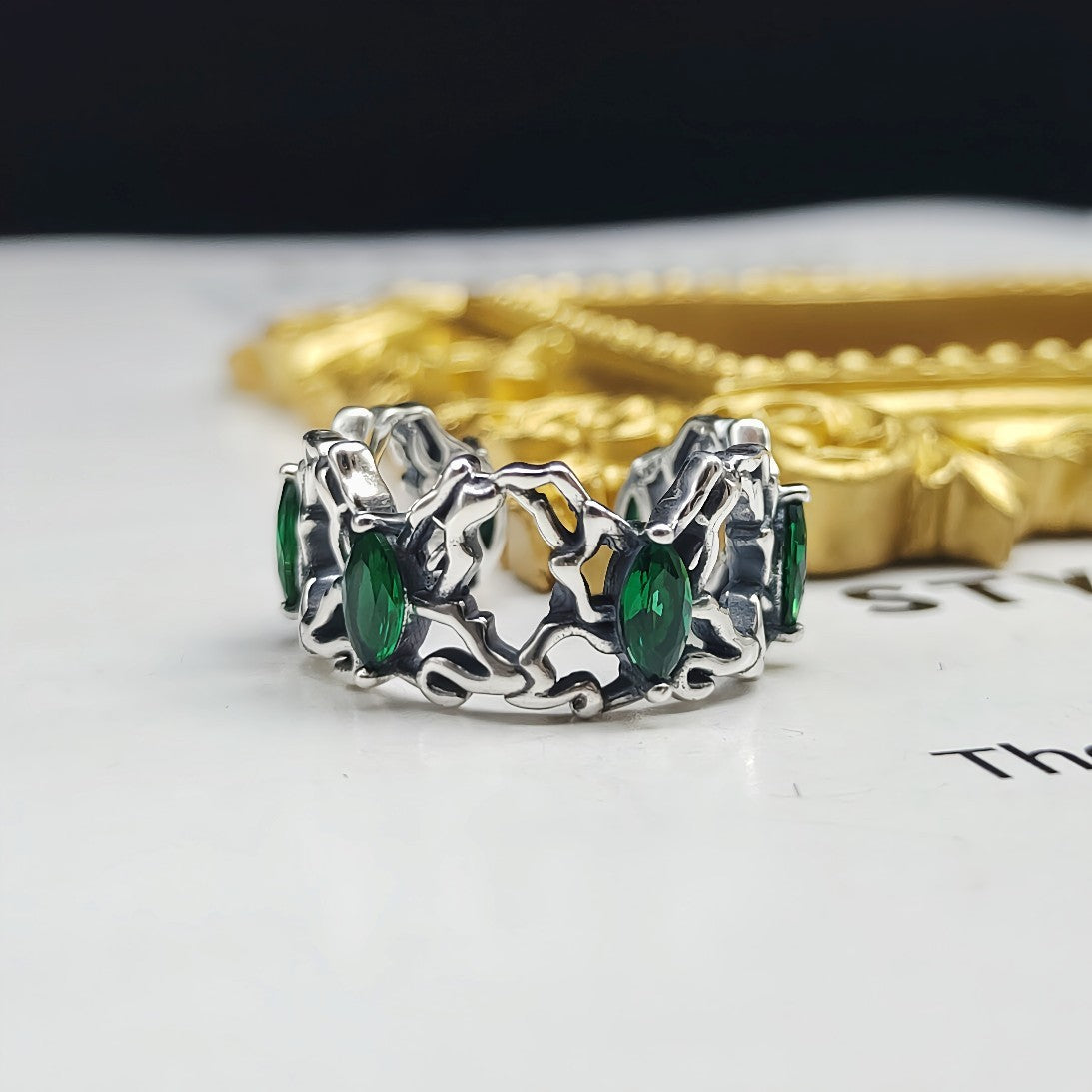S925 Sterling Silver Vintage Diamond Green Zircon Ring Men's And Women's Hip Hop Trendy Rings