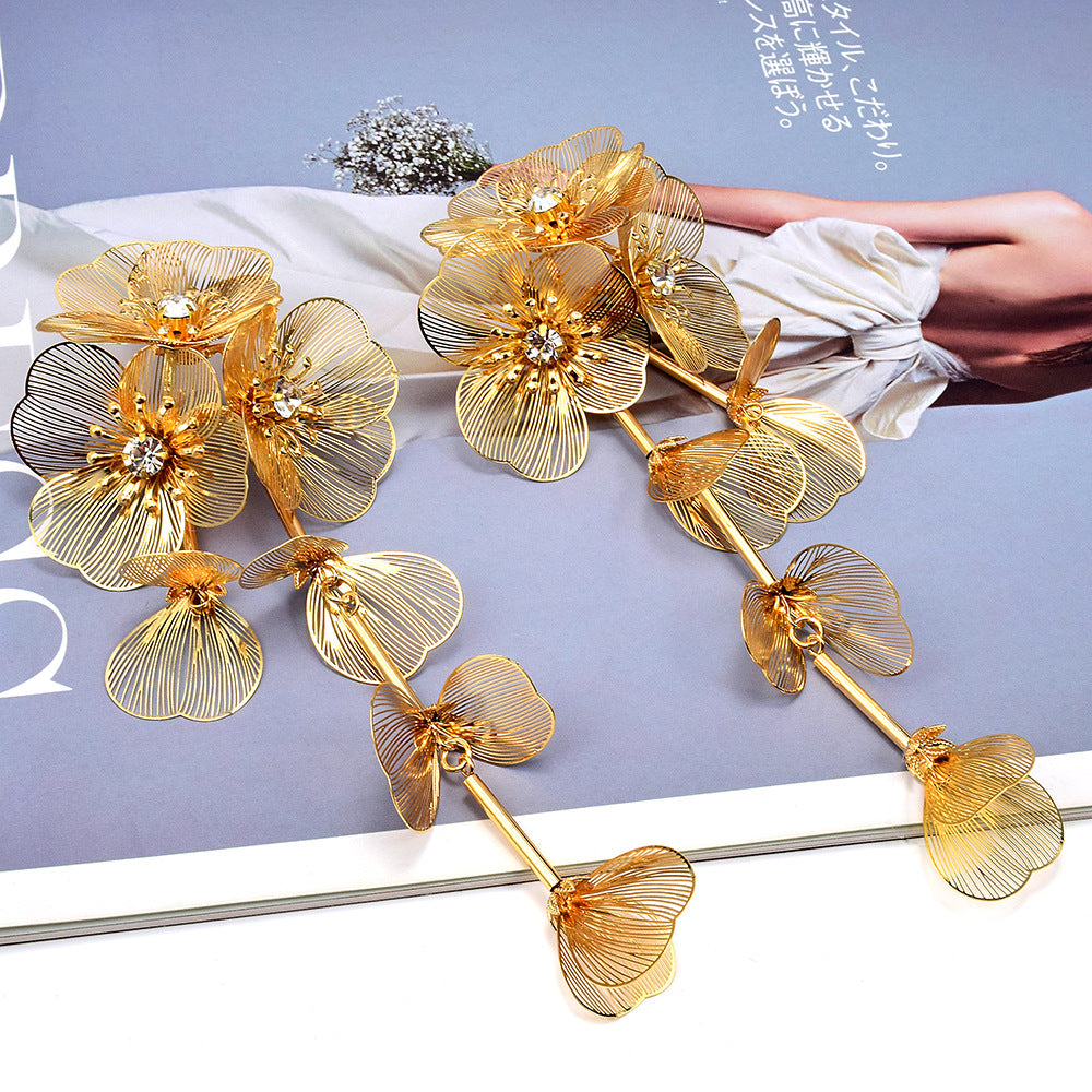 Boucles d'oreilles exagérées Fleur Tempérament symétrique Long pendentif