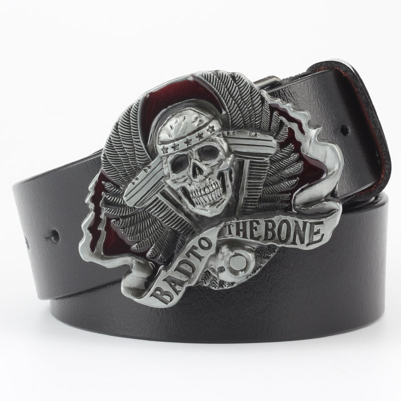Ceinture de décoration tête de mort en cuir pur