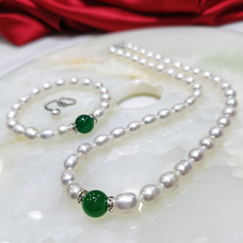 Pearl Necklace Bracelet Ring Three Piece Set