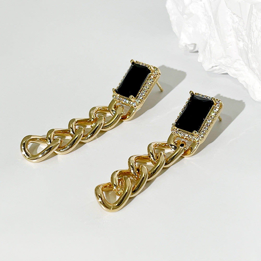 Long Vintage Simple Exaggerated Gemstone Chain Earrings
