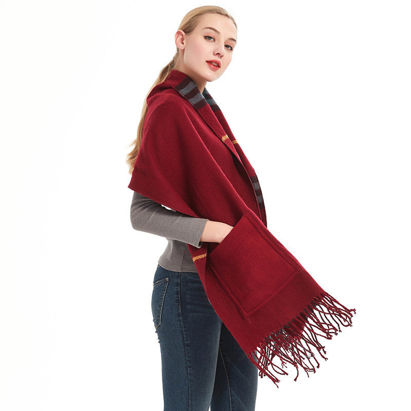 Thick Shawl Imitation Cashmere Fringed Pocket Plaid Scarf