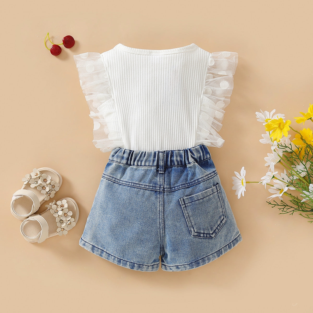 Polka Dot Mesh Sleeves Top Flower Denim Shorts