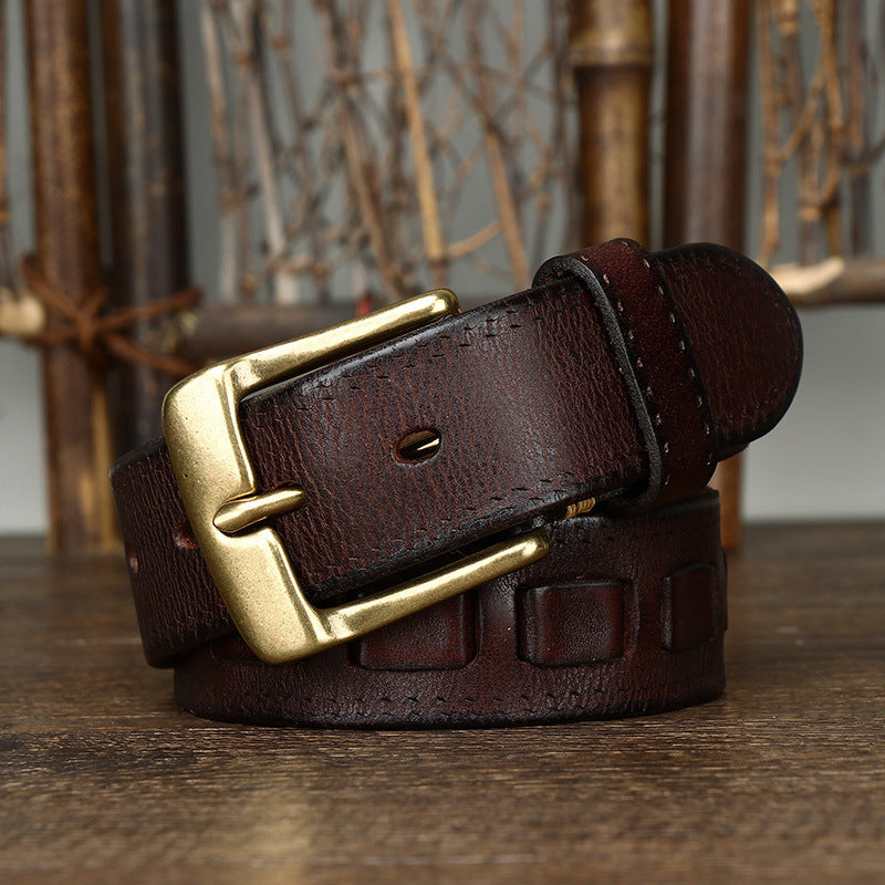 Retro Mens Belt In Genuine Leather With Brass Buckle